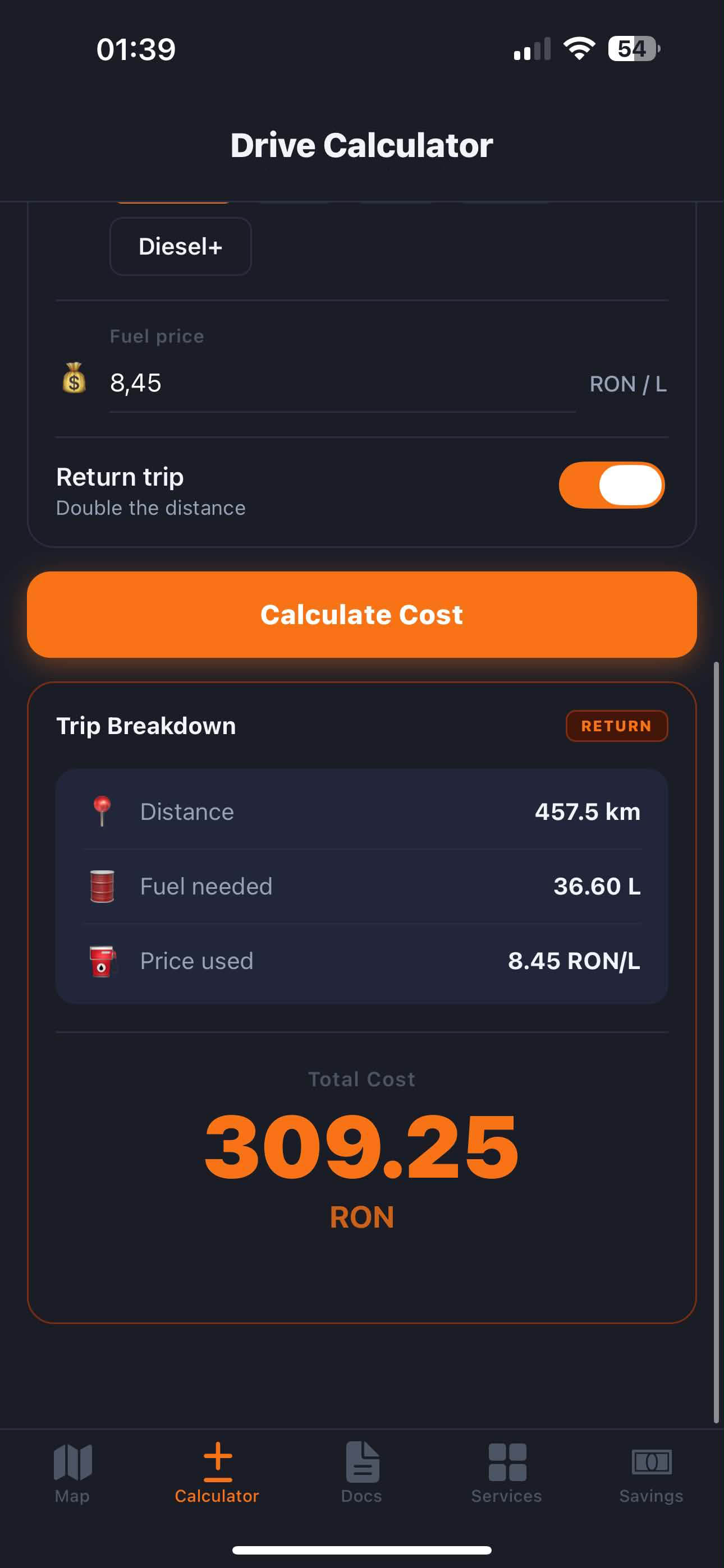 FuelScout drive calculator screen